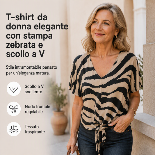 🔥 OFFERTA LIMITATA – 60% OFF!🔥Selezione top🔥 Maglietta da donna con scollo a V e laccio sul davanti, con motivo zebrato
