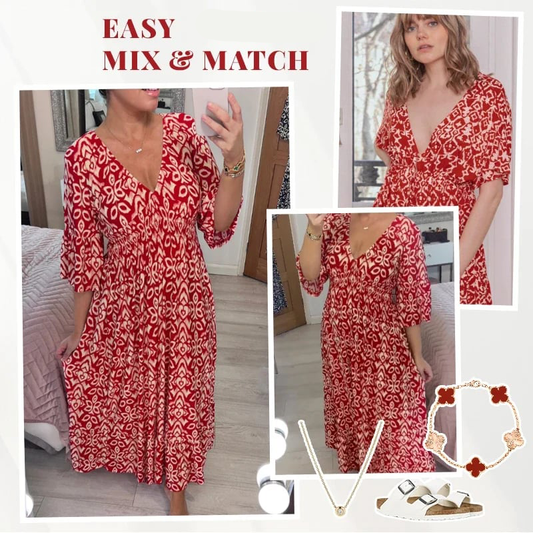 🔥 OFFERTA LIMITATA 53% DI SCONTO! 👗 Vestito Lungo Casual da Vacanza con Stampa, Scollo a V e Vita Avvolta – Oltre 2459 Venduti! Spalle Flessibili On & Off 🌸