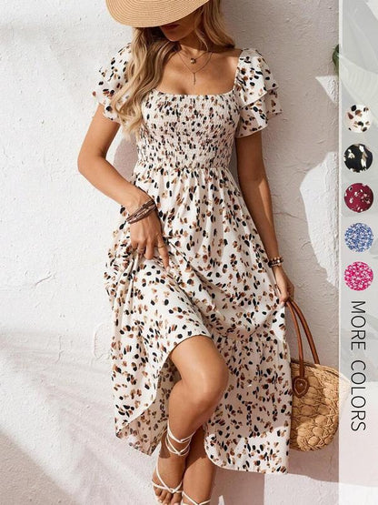 🌸Saldi Estate 2026 -50%!✨Vestito Midi Floreale con Scollo Quadrato – Corpino Smock, Gonna a Strati Fluente, Romantico🌸