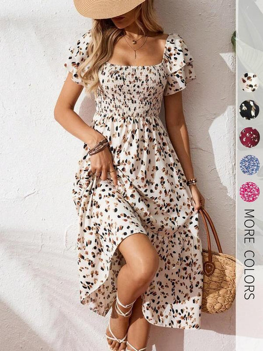 🌸Saldi Estate 2026 -50%!✨Vestito Midi Floreale con Scollo Quadrato – Corpino Smock, Gonna a Strati Fluente, Romantico🌸