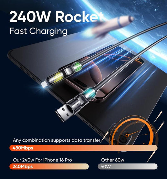 🔌 Cavo di Ricarica Rapida 4-in-1 da 240W – USB-A a Type-C / Type-C a Type-C / Type-C a Lightning / USB-A a Lightning ⚡ – Luce LED Respirante 💡 – Compatibile con Smartphone, Tablet e Laptop – Nero e Grigio 🖤