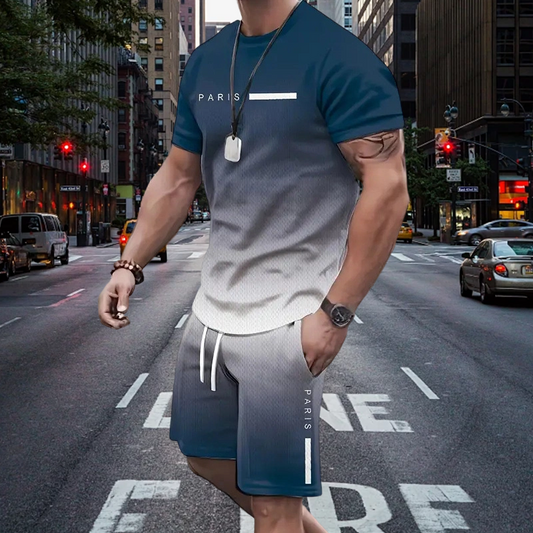 🏖️😎 Set T-shirt e pantaloncini con effetto sfumato da uomo
