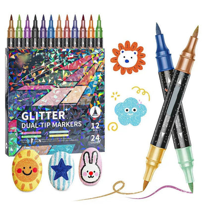 🔥 SCONTO 50% OGGI!🎨✨ Set Pennarelli Acrilici Glitter Doppia Punta (12/24/36/48 Pz) - 2 Colori in 1, Non Tossici per Artigianato