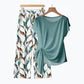 🌿 PROMO A TEMPO LIMITATO -50%! ✨ Completo Donna 2 Pezzi – Top con Fiocco Laterale & Pantaloni con Stampa Botanica, Tessuto Premium Traspirante · Azzurro & Verde Chiaro · S–5XL (EU34-54) 💐