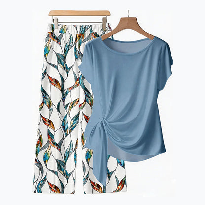 🌿 PROMO A TEMPO LIMITATO -50%! ✨ Completo Donna 2 Pezzi – Top con Fiocco Laterale & Pantaloni con Stampa Botanica, Tessuto Premium Traspirante · Azzurro & Verde Chiaro · S–5XL (EU34-54) 💐