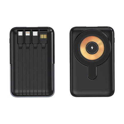 🔋✨ Power Bank Magnetico 10000mAh con Supporto & Cavo – Ricarica Wireless 15W, Cavi Integrati Lightning/Type-C/Micro USB, Supporto Pieghevole – 4 Colori
