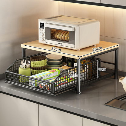 ✨ Supporto a 2 Ripiani per Microonde & Elettrodomestici 🍵📦 - Cassetto Estraibile | Struttura Ferro + Legno | Salvaspazio | 3 Colori | 65% DI SCONTO