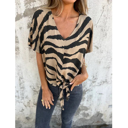 🔥 OFFERTA LIMITATA – 60% OFF!🔥Selezione top🔥 Maglietta da donna con scollo a V e laccio sul davanti, con motivo zebrato