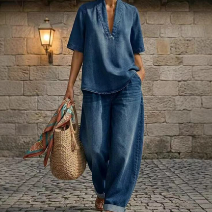 🔥 60% DI SCONTO – OFFERTA LIMITATA! Set Denim Estivo da Donna Top con Scollo a V + Pantaloni a Gamba Larga – look completo, elegante e comodo per l'estate.