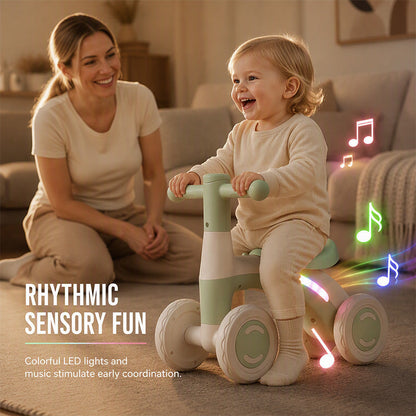 🚲🎵 Bicicletta Senza Pedali per Bambini con Musica & Luci LED – 4 Ruote Stabili, PP Alta Qualità, 14-54 Mesi, Max 60kg – 4 Colori 🌟✨