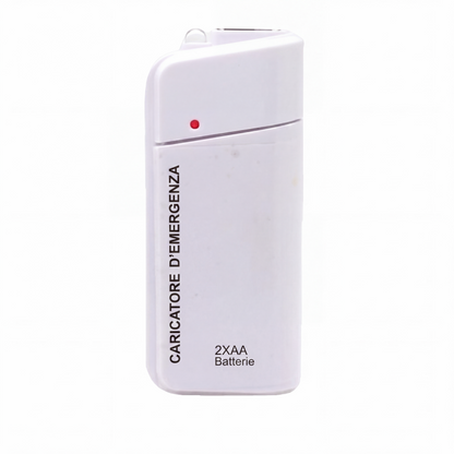 Caricabatterie portatile di emergenza per telefoni, power bank alimentato da batterie AA con torcia LED integrata