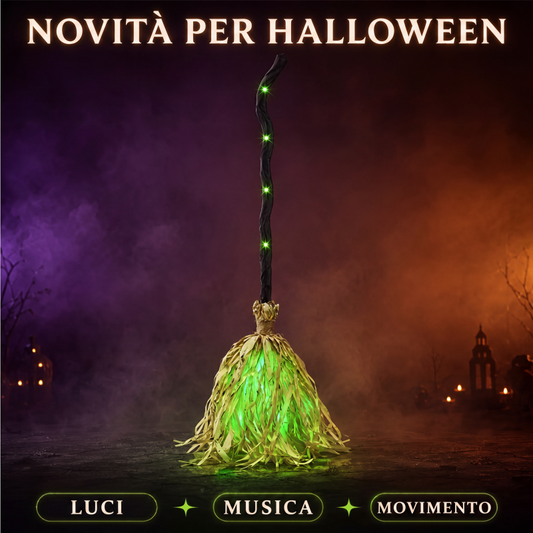 🧹Scopa Animata da Strega Decorazione Halloween con Luci e Suoni🧙