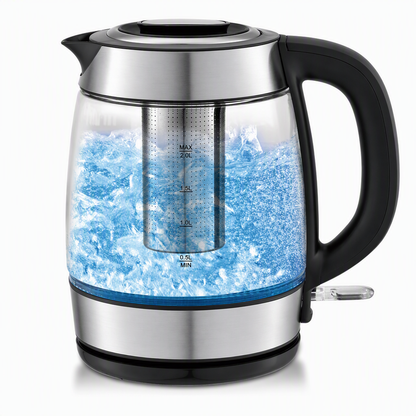 ☕ Bollitore Elettrico in Vetro da 2 L | Spegnimento Automatico e Protezione Surriscaldamento 🛡️ | Bollizione Rapida in Pochi Minuti ⚡ | Infusore per Tè in Foglie 🍵 | Nero 🖤