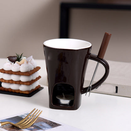 🍫 Tazza per Fonduta in Ceramica per Cioccolato e Formaggio 🫕 | Scaldacandela Integrato e Forchettina Inclusa 🍴 | 130ml, Mantiene Caldo e Fluido per Frutta e Dolci ✨