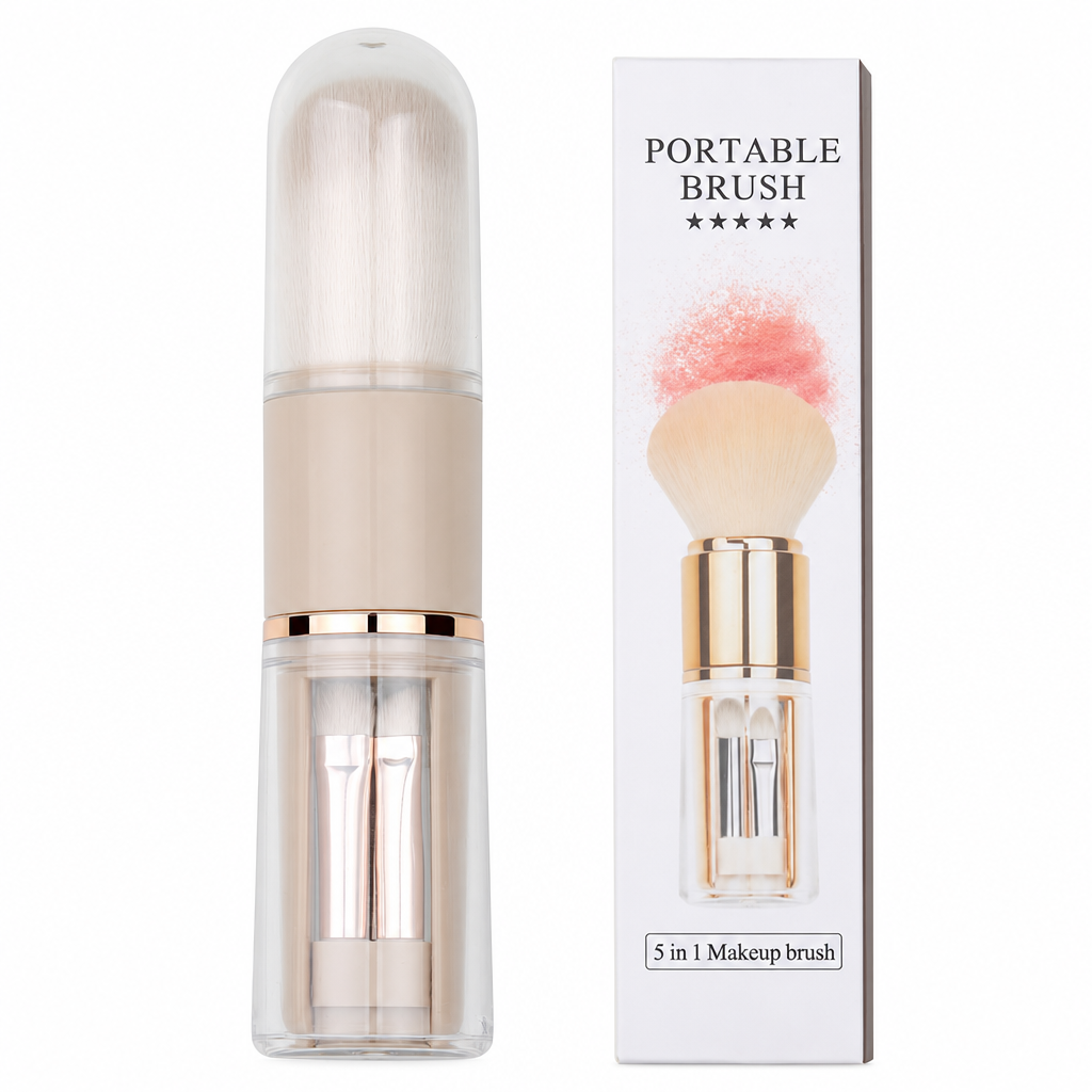 Portable retractable makeup brush capsule with included makeup brush heads