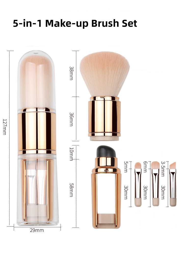 5-in-1 retractable makeup brush set with brush heads and dimensions shown in English